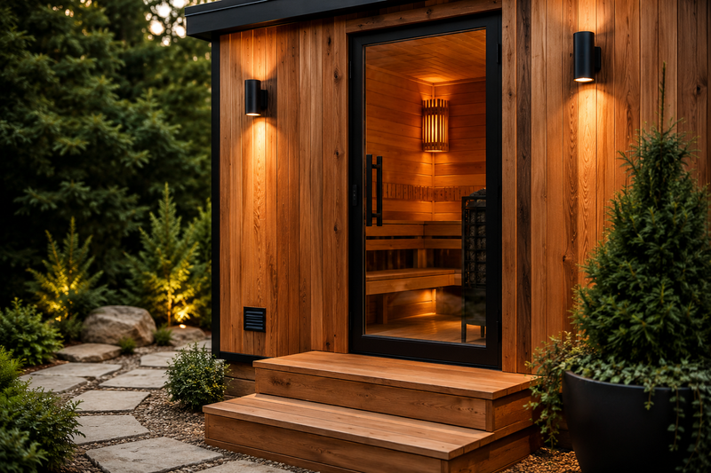 Outdoor cedar sauna in a landscaped backyard setting