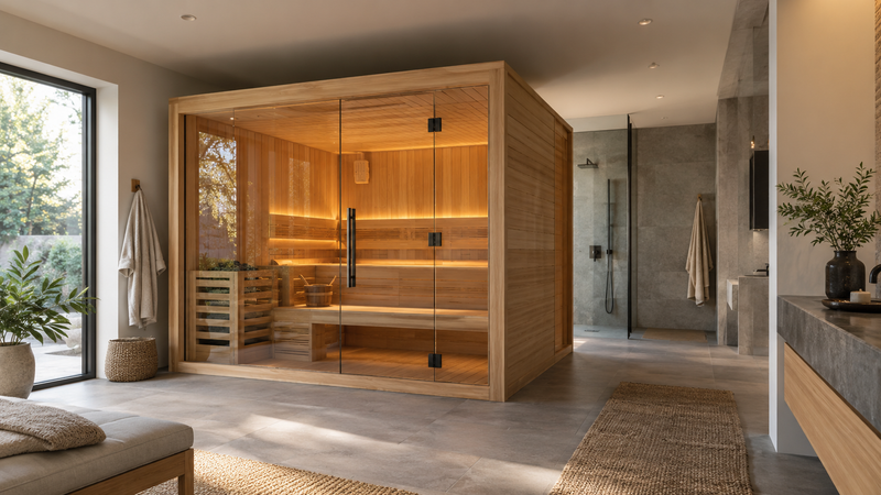 Home sauna installed in a modern residential wellness space